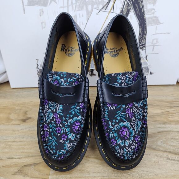 ☔️🩵NIB Dr. Martens Black & Rich Purple Floral Jacquard Penton Loafers Size 8 - Picture 3 of 15